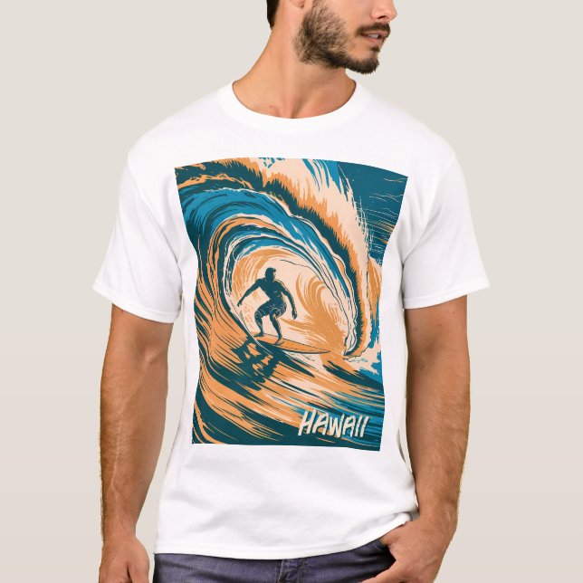 Custom Text Surfer Surfing Waves Minimal Retro Art T-Shirt (Front)