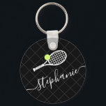 Custom Text Tennis Ball Racket Monogrammed Key Ring<br><div class="desc">Black and white personalised keychain with a tennis racket monogram in an elegant and cute calligraphy script font with a subtle net pattern background.</div>