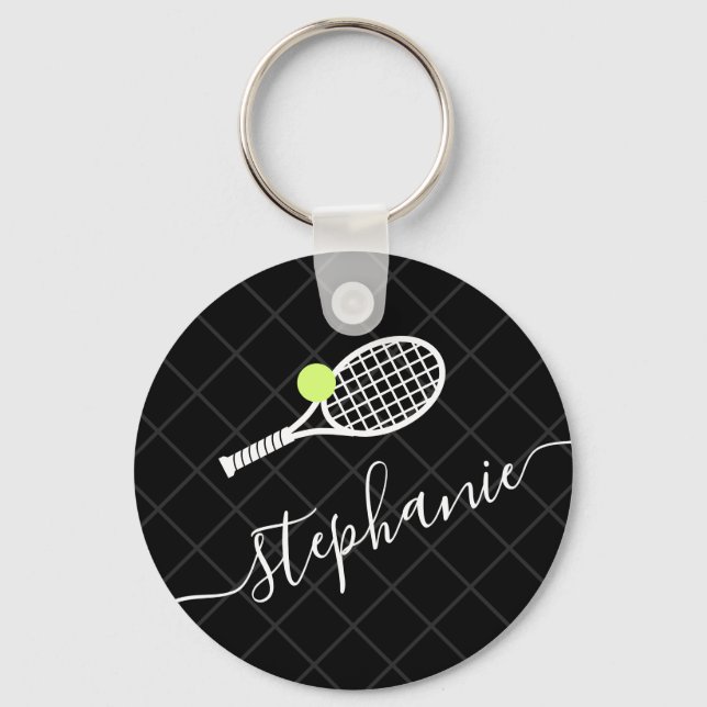 Custom Text Tennis Ball Racket Monogrammed Key Ring (Front)