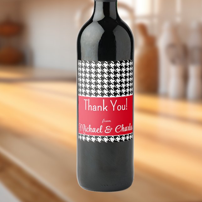 Custom Text, Thank You Red Houndstooth (6) Wine Label (Creator Uploaded)