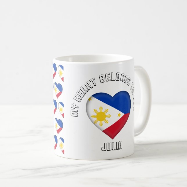 Custom Text The Philippines Flag Hearts Pattern Coffee Mug (Front Right)