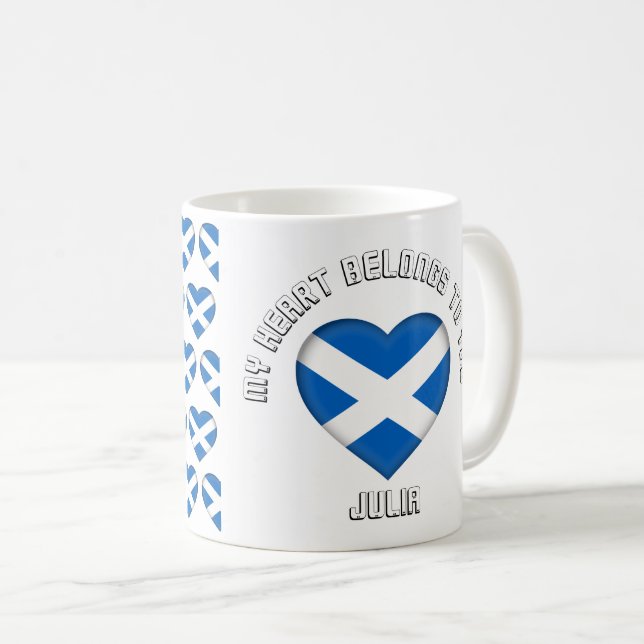 Custom Text The Scottish Flag Hearts Pattern Coffee Mug (Front Right)