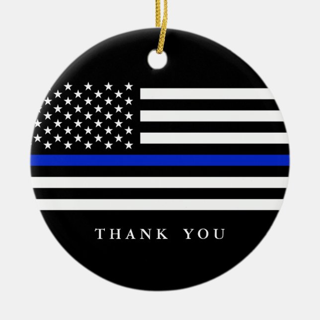Custom Text Thin Blue Line Patriotic Flag Ceramic Tree Decoration (Front)