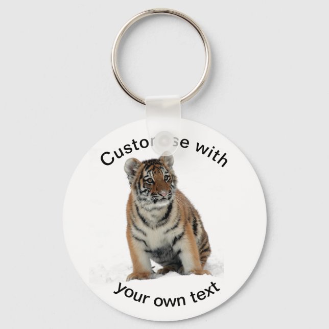 Custom Text Tiger Cub in the Snow Key Ring (Front)