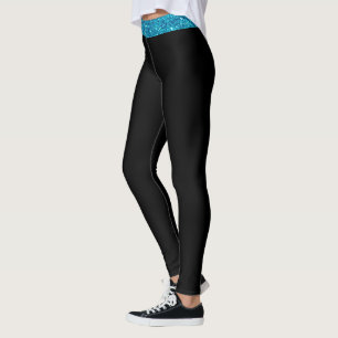 Custom Text Top Stripe Blue Glitter Black Leggings