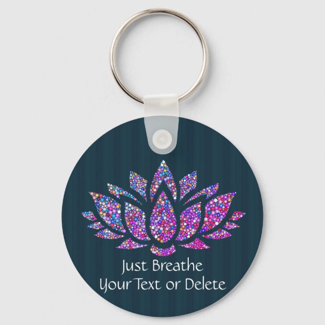Custom Text Tranquil Teal & Rainbow Lotus Flower Key Ring (Front)
