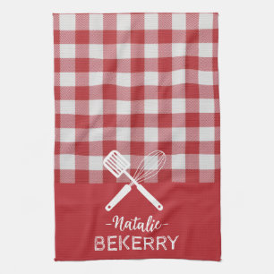 Custom text Trendy classic tartan red white match Tea Towel