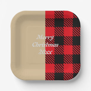 Custom text trendy tartan pattern red brown black  paper plate