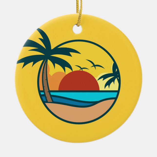 Custom Text Tropical Beach Sunset Ceramic Tree Decoration (Front)