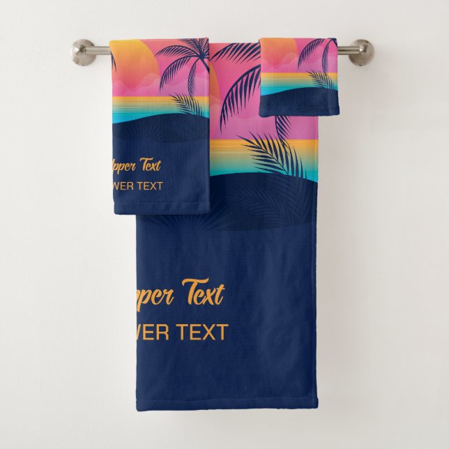 Custom Text Tropical Island Sunset Bath Towel Set (Insitu)