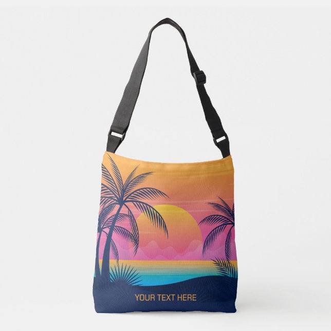 Custom Text Tropical Island Sunset Crossbody Bag (Front)