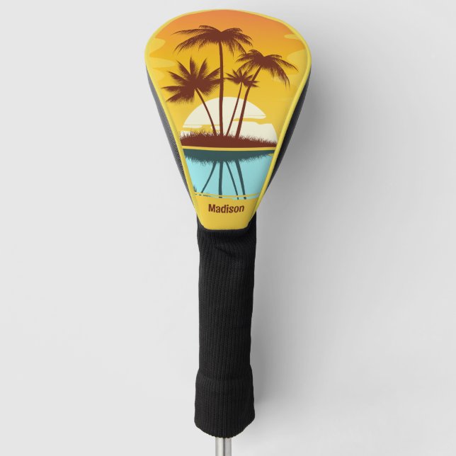 Custom Text Tropical Island Sunset Golf Head Cover (Front)