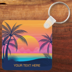 Custom Text Tropical Island Sunset Key Ring