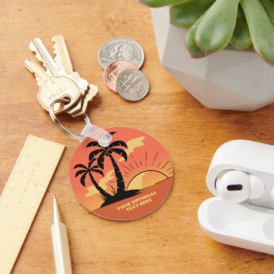 Custom Text Tropical Island Sunset Key Ring