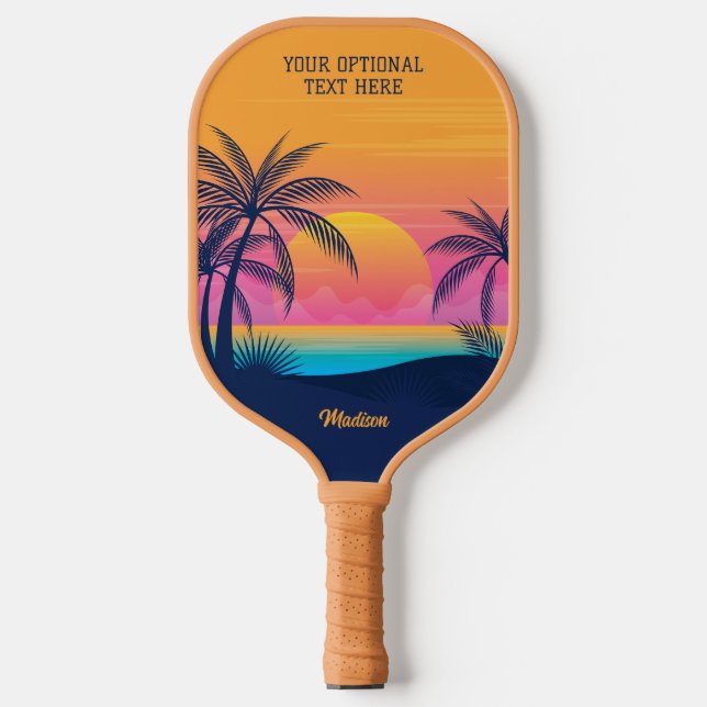 Custom Text Tropical Island Sunset Pickleball Paddle (Front)
