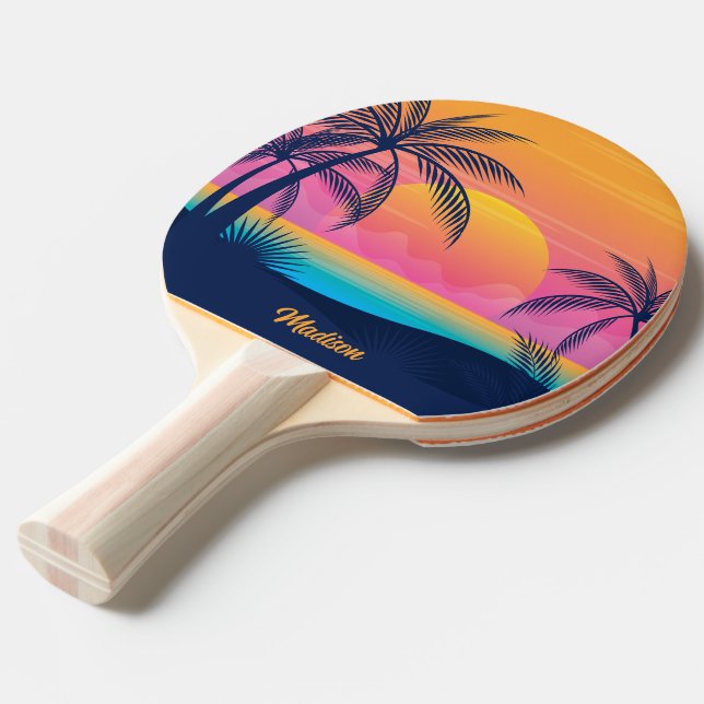 Custom Text Tropical Island Sunset Ping Pong Paddle (Front Angle)