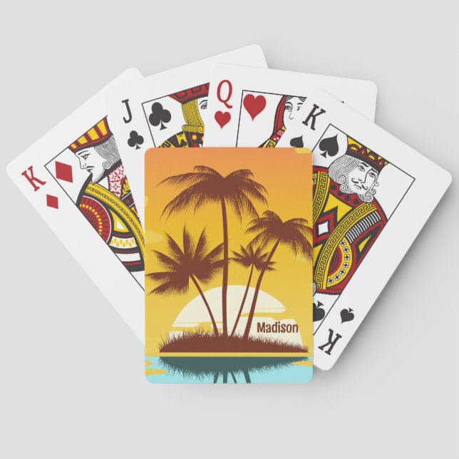 Custom Text Tropical Island Sunset Playing Cards (Back)