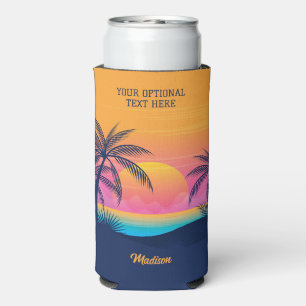 Custom Text Tropical Island Sunset Seltzer Can Cooler