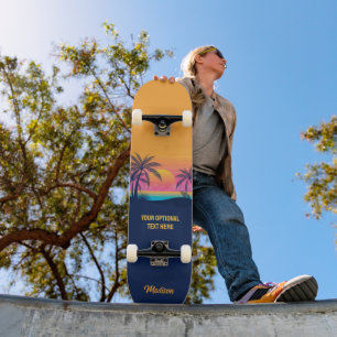Custom Text Tropical Island Sunset Skateboard