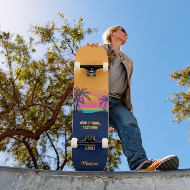 Custom Text Tropical Island Sunset Skateboard (Outdoor 1)
