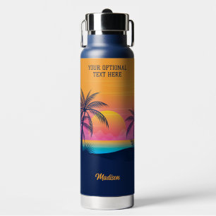 Custom Text Tropical Island Sunset Water Bottle