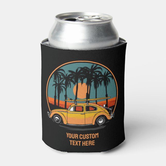 Custom Text Tropical Surfer Sunset Can Cooler (Can Front)
