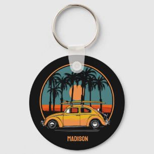 Custom Text Tropical Surfer Sunset Key Ring