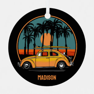 Custom Text Tropical Surfer Sunset Metal Tree Decoration