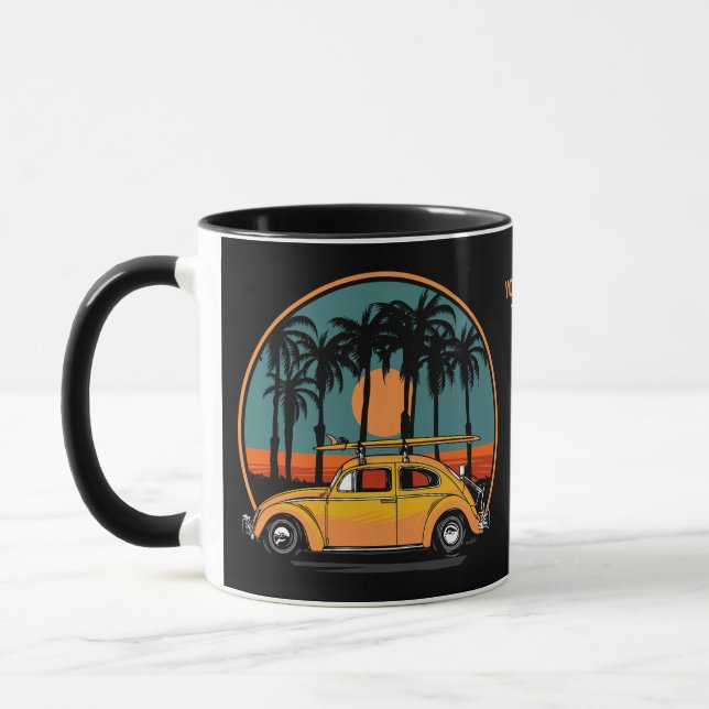 Custom Text Tropical Surfer Sunset Mug (Left)