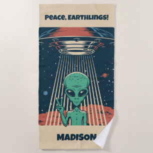 Custom Text UFO Alien Beach Towel