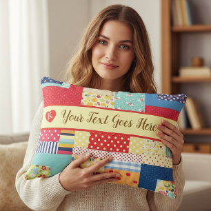 Custom Text Valentine’s Day Colourful Patchwork Decorative Cushion