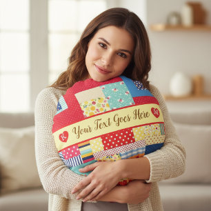 Custom Text Valentine’s Day   Colourful Patchwork  Round Cushion