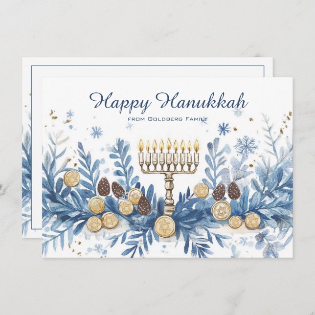 Custom text watercolor Hanukkah Holiday Card (Front/Back)