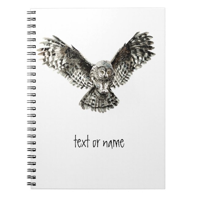 Custom Text, Watercolor Owl, Bird Animal, Nature Notebook (Front)