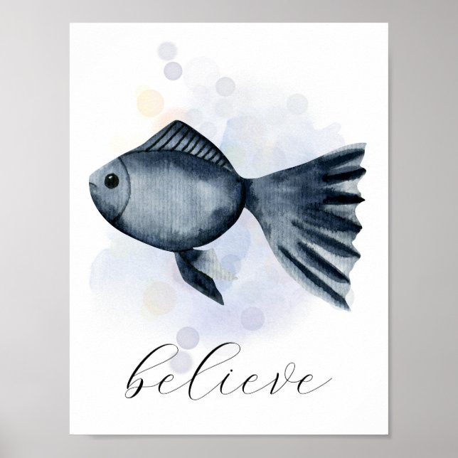 Custom Text Watercolor Style Blue Fish Ocean Theme Poster (Front)