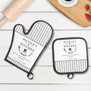 Custom Text, White and Gray Stripes Cute Farmhouse Oven Mitt & Pot Holder Set