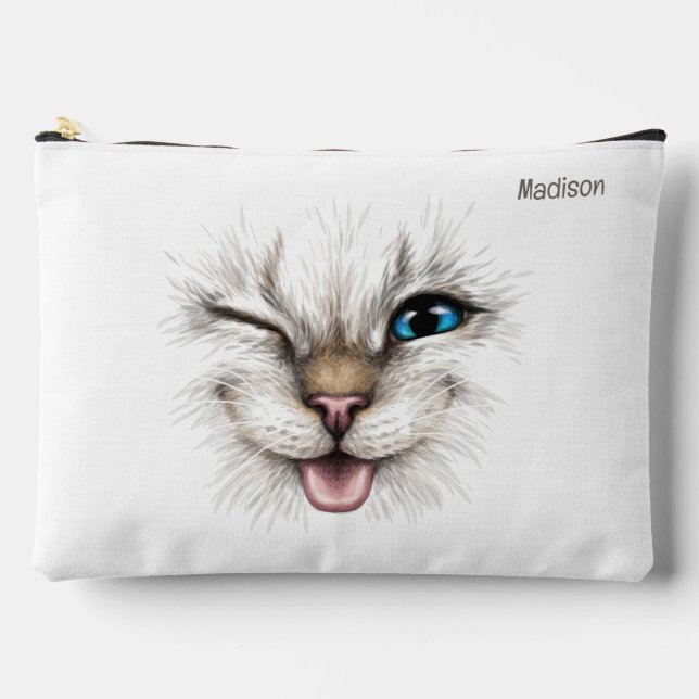 Custom Text Winking Cat Accessory Pouch (Front)