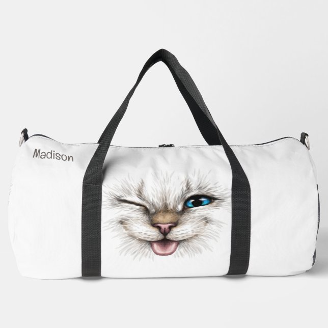 Custom Text Winking Cat Duffle Bag (Front)