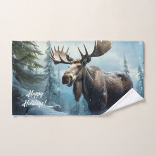 Custom Text Winter Moose Hand Towel