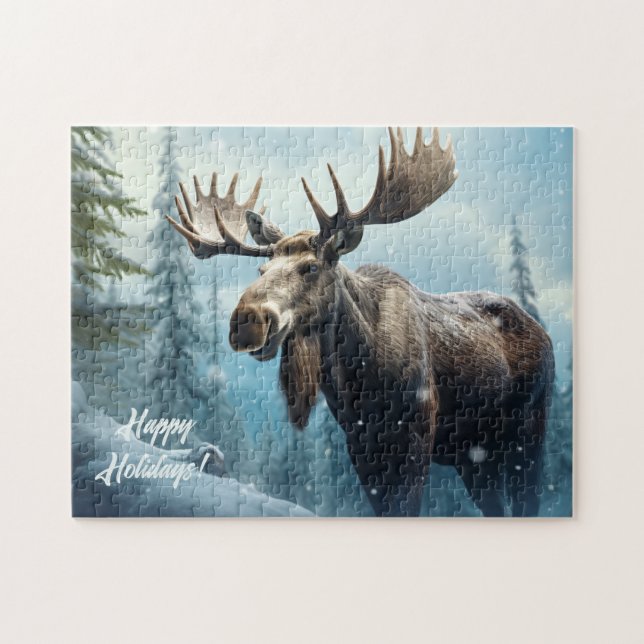 Custom Text Winter Moose Jigsaw Puzzle (Horizontal)