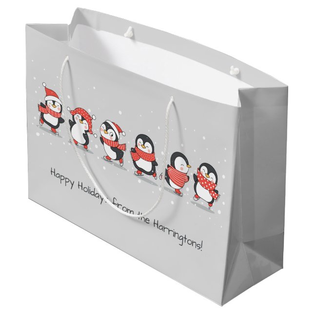 Custom text Winter Penguins Large Gift Bag (Back Angled)