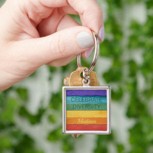 Custom Text Wood-Textured Rainbow Flag Key Ring