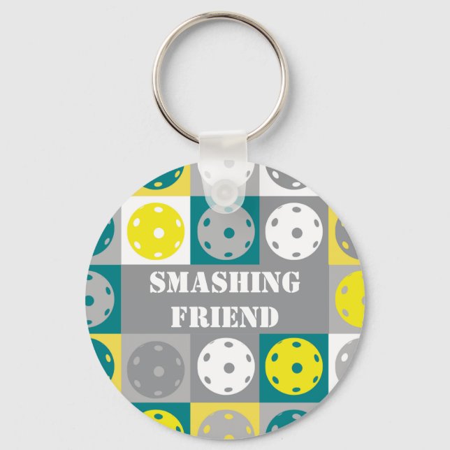  Custom text , Yellow and green  Pickleball  Key Ring (Front)