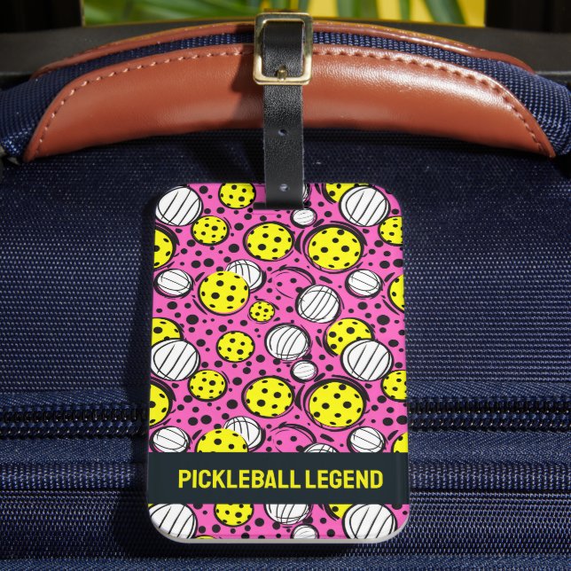 Custom text yellow pickleballs on pink luggage tag (Front Insitu 2)