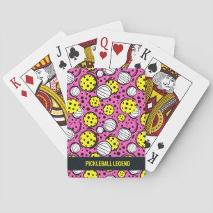 Custom text yellow pickleballs on pink playing cards