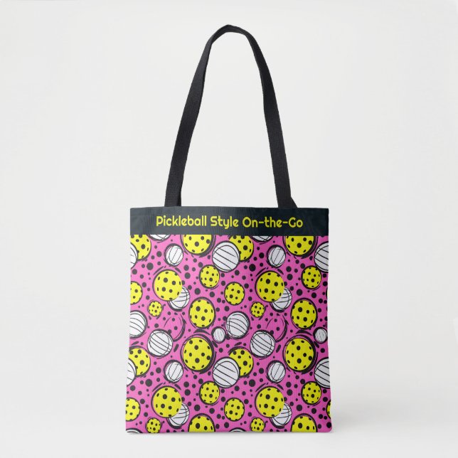 Custom text yellow pickleballs on pink tote bag (Front)