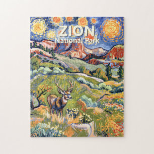 Custom Text Zion Animal Deer Colorful Landscape Jigsaw Puzzle
