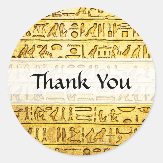 Custom "Thank You" Egyptian Hieroglyphs Yellow Classic Round Sticker (Front)