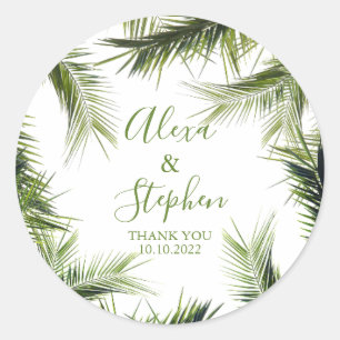 Custom Thank You Palm Leaves Tropical Wedding Classic Round Sticker