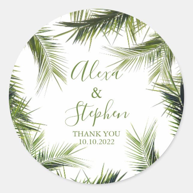 Custom Thank You Palm Leaves Tropical Wedding Classic Round Sticker (Front)